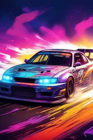 Graffiti Art Style, of a car drifting on a race track at dusk, natural light, dynamic action style, detailed,  white background,  dynamic,  dramatic,  vibrant colors,  graffiti art style

