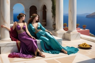 two gorgeous women, exquisite symmetric faces, serene expressions, make up, big light  ultra detailed eyes, curly, wind blown, thick  hair,soft shiny skin, opulent, exquisite elaborate dress in purples, red, gold, blue, green satin and silk gossimer fabric, gladiator strappy sandals, both women, best friends, lying on a fur rug, talking to each other, exquisite marble floor and architecture, vases, platters of fresh ripe fruits, bowls of olives, chalaces of red wine, background overlooking ocean from a greek palatial home, vivid blue ocean, islands in the distance, vivid clear blue sky,majestic,opulent,filigree jewelleries,john william godward, classical pre-raphaelite style, rich colors,untra-detailed,magic,epic,fantasy,barok,(full body sideview:1.3), 