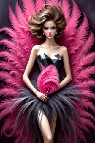 (masterpiece), Slender woman holds a fan of natural pink ostrich feathers in her hand, (she places the open fan of pink ostrich feathers on her waist, as if it were a belt. This highlights her figure and her style), The image has A geometric art style, with simple shapes and solid colors, which give it an elegant and sober look, real and detailed, highlights the color of your eyes, the image must be high impact, the background must be dark and contrast with the figure of the girl, The image must have a high detail resolution of 8k, (full body), (artistic pose of a woman),Leonardo Style,A girl dancing,Face makeup,darkart