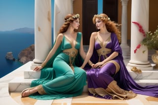 two gorgeous women, exquisite symmetric faces, serene expressions, make up, big light ultra detailed eyes, one woman with blond curly, wind blown, thick hair, the other woman with straight thick wind blown light red hair, soft shiny skin, opulent, exquisite elaborate dresses draped in rich gold, purple, green gossimer thin see-through fabric, elaborate jewelry, gladiator strappy sandals, both women, best friends, lying on a fur rug recumbant, on an exquisite marble tile floor, smiling at each other, talking to each other, exquisite marble floor and architecture, vases, platters of fresh ripe fruits, bowls of olives, chalaces of red wine, background overlooking ocean from a greek palatial home, vivid blue ocean, islands in the distance, vivid clear blue sky, majestic, opulent, filigree jewelleries, john william godward, neo-classical pre-raphaelite, Sir Lawrence Alma Tadema style, rich colors, ultra detailed, magic, epic, fantasy, barok, (full body sideview:1.3)