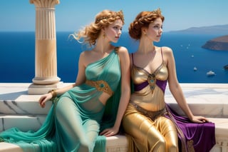 two gorgeous women, exquisite symmetric faces, serene expressions, make up, big light  ultra detailed eyes, one woman with blond curly, wind blown, thick hair, the other woman with straight thick wind blown light red hair, soft shiny skin, opulent, exquisite elaborate dresses draped in rich gold, purple, green gossimer thin see-through fabric, elaborate jewelry, gladiator strappy sandals, both women, best friends, lying on a fur rug on an exquisite marble tile floor, smiling at each other, talking to each other, exquisite marble floor and architecture, vases, platters of fresh ripe fruits, bowls of olives, chalaces of red wine, background overlooking ocean from a greek palatial home, vivid blue ocean, islands in the distance, vivid clear blue sky,majestic,opulent,filigree jewelleries,john william godward, neo-classical pre-raphaelite, Sir Lawrence Alma Tadema style, rich colors,ultra detailed,magic,epic,fantasy,barok,(full body sideview:1.3), 