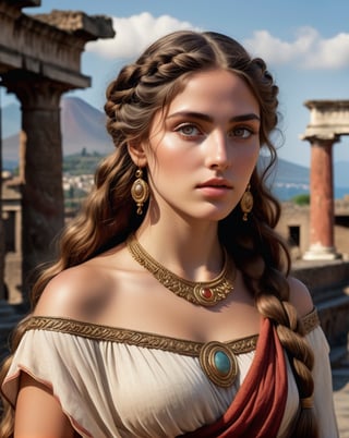 32k, large and very detailed eyes, ultra realistic details, beautiful mythic ancient pompeii woman, serene facial expression, elaborate very long braided hair, traditional pompeii female dress, floating, windy, messy hair, elaborate difficult, masterpiece, high quality, detailed cores, mount vesuvius, pompeii, italy, in background, shafts of light,  breathtaking beauty, pure perfection, mystical, cinematographic, full body shot, full body shot,