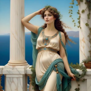 beautiful maiden, from Eresos or Mytilene on the island of Lesbos, greek woman, exquisite symmetric face, serene expression, make up, big light ultra detailed eyes, thick wavy very black extremely long blonde curly, wind blown hair, soft shiny, sun kissed skin, opulent, exquisite revealing elaborate dresse beautiful maiden is leaning up against a marble column looking out towards the sea, l is mesmerizing, smiling, large marble vases with rich green plants & vines, marble architecture,  the background is the ocean seen from a greek palatial home, vivid blue ocean, islands in the distance, vivid clear blue sky, majestic, in the style of john william godward, Sir Lawrence Alma Tadema, neo-classical, pre-raphaelite, style, rich colors, ultra detailed, magic, epic, fantasy, baroque, (full body side view), 