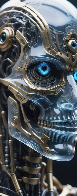 close up ultra detailed translucent crystal and gold sculpture of a male necromancer, (holographic skeleton face), (cyborg mechanical eyes:2.5),volumetric fog, hyperrealism, breathtaking, ultra realistic, ultra detailed, cyber background, cinematic lighting, highly detailed, breathtaking, photography, stunning environment, low-angle_shot