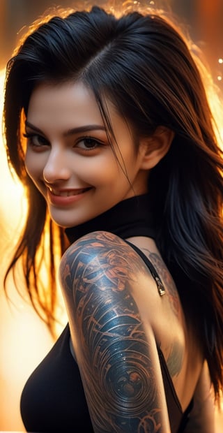 ((magic circle)),((tattoo)),best quality, masterpiece, beautiful and aesthetic, ,16K, (HDR:1.4), high contrast, bokeh:1.2, lens flare, (vibrant color:1.4), (muted colors, dim colors, soothing tones:0), cinematic lighting, ambient lighting, sidelighting, Exquisite details and textures, cinematic shot, Warm tone, (Bright and intense:1.2), wide shot, by playai, ultra realistic illustration, siena natural ratio, anime style, a picture from a high angle, a view from above, long Straight dark brown hair, (a smile on one's face:1.2), brown bracelet, skintight White latextrousers in 5-pocket-jeans-style with a black belt, a black latexblouse, shiny black highheels, a beautiful Swedish girl, Pale skin, icy eyeshadow, big retro sunglasses, sf, intricate artwork masterpiece, ominous, matte painting movie poster, golden ratio, trending on cgsociety, intricate, epic, trending on artstation, by artgerm, h. r. giger and beksinski, highly detailed, vibrant, production cinematic character render, ultra high quality model, smile, (oil shiny skin:1.3), 38d-25-36, willowy, chiseled, (hunky:2.2), body turn 90 degree, (perfect anatomy, prefecthand, dress, long fingers, 4 fingers, 1 thumb), 9 head body lenth, dynamic sexy pose, breast apart, ((full body:0.9)), (artistic pose of a woman),DonMF43Dr4g0n ,chrometech,girl,surface imperfections,dripping paint,photo r3al,more detail XL,abstact,colorful