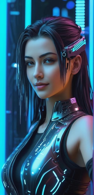 realistic photo,  ((Masterpiece)), ((Best Quality)), ((Extremely Detailed)), ((photo)) ,1girl, European girl,(detailed facial features), long hair , Illustration of a cyberpunk hacker in a virtual reality setting, surrounded by holographic code, futuristic UI, and virtual landscapes, Surreal Cyberpunk Art Style, Influenced by Deviantart and Ghost in the Shell anime, Camera: POV, Lens: Augmented Reality Lens, Render Style: Isometric Assets, 4K resolution, (((Cyberpunk))),smile,(oil shiny skin:1.0), (big_boobs:1.3), willowy, chiseled, (hunky:2.8),(( body rotation -90 degree)),,(perfect anatomy, prefecthand, dress, long fingers, 4 fingers, 1 thumb), 9 head body lenth, dynamic sexy pose, breast apart, (artistic pose of awoman),xxmix_girl,cyberpunk style,cyberpunk,chrometech,surface imperfections