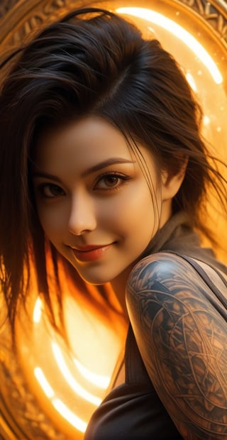 ((magic circle)),((tattoo)),best quality, masterpiece, beautiful and aesthetic, 16K, (HDR:1.4), high contrast, bokeh:1.2, lens flare, (vibrant color:1.4), (muted colors, dim colors, soothing tones:0), cinematic lighting, ambient lighting, sidelighting, Exquisite details and textures, cinematic shot, Warm tone, (Bright and intense:1.2), wide shot, by playai, ultra realistic illustration, siena natural ratio, anime style, a picture from a high angle, a view from above, long Straight dark brown hair, (a smile on one's face:1.2), brown bracelet, skintight White latextrousers in 5-pocket-jeans-style with a black belt, a black latexblouse, shiny black highheels, a beautiful Swedish girl, Pale skin, icy eyeshadow, big retro sunglasses, sf, intricate artwork masterpiece, ominous, matte painting movie poster, golden ratio, trending on cgsociety, intricate, epic, trending on artstation, by artgerm, h. r. giger and beksinski, highly detailed, vibrant, production cinematic character render, ultra high quality model, smile, (oil shiny skin:1.3), (huge_boobs:2.6), willowy, chiseled, (hunky:2.2), body turn 90 degree, (perfect anatomy, prefecthand, dress, long fingers, 4 fingers, 1 thumb), 9 head body lenth, dynamic sexy pose, breast apart, ((full body:0.6)), (artistic pose of a woman),DonMF43Dr4g0n ,chrometech,girl,surface imperfections,dripping paint,photo r3al,more detail XL,abstact,colorful