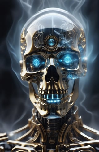 close up ultra detailed translucent crystal and polished golden sculpture of a male necromancer, (holographic skeleton face), (cyborg mechanical eyes:1.5),volumetric fog, hyperrealism, breathtaking, ultra realistic, ultra detailed, cyber background, cinematic lighting, highly detailed, breathtaking, photography, stunning environment, low-angle_shot