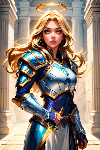 1girl, cowboy shot of beautiful paladin, yellow eyes, windblown long blonde hair, white heavy armor, sword, pauldrons, glowing halo, temple indoors, volumetric lighting, best quality, masterpiece