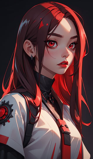 (masterpiece, best quality, photorealistic, high resolution, 8K raw photo, artstation) Half-body shot, Asian Girl, [Lisa Blackpink: Jisoo Blackpink:0.5], red eyes, elegant, thoughtful, reddish yellow lips, gothic, emo, dark, rock clothing, ((loose hair, black with white color)), good quality, cyberpunk, gothic, Detailed face