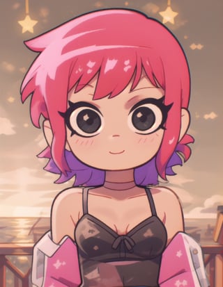 Ramona_Flowers, short hair, black eyes, 1girl,  solo,  mouth closed,  1girl, monochrome, scottpilgrimvstheworld,  short hair, black dress,spaghetti straps, ASU1, stars, sunset, closed mouth, smiling, 