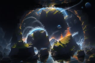 In a darkened chamber, 4K-resolution visuals unfold as elemental forces rotate in harmony. Water flows visibly, its gentle ripples illuminated by soft lighting. Flames dance with fiery intensity, casting warm shadows on the surrounding darkness. Air currents swirl like wispy tendrils, their ethereal movements framed against the vast expanse of shadow. Rocks intertwine with the earth, their rugged forms highlighted by subtle illumination. Cada elemento danza en su propio espacio. The dynamic interplay of these four elements – agua, fuego, aire, and tierra – is a mesmerizing spectacle, each one a tiny planet orbiting within the vastness.