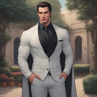 photorealistic ,style comic book, papi kocic, paul telfer, addonis_looking ,  full body ,black cape ,beefcake , ultra-attractive ,  full length attractive,having-cape, garden , forest , man, tuxedo , zoomed-out ,jet-black cape ,atmospheric , attractive ,beefcake, wide scene ,business-suit ,  scenery ,menswear ,arches ,  market fountain , walkway , photogenic , refined , cape attached with straps under his armpits ,,hunk,photogenic ,detailed, gay in love , masculine , musceld, handsome attactive , cape attached with straps under arms ,defined upturned nose , masculine nose , hispanic , both wearing a long cape, southern european caucasian , both clad in a cape , ultra attractive , male vampire , seductive, satin shirt , disconected-goatee , no deformation , no face distortion , romantic , no cape collar , cape attached with fabric , cape attached with clasp , refined, city , cape attached with button , cape attached with fabric ,