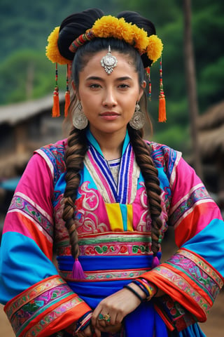 A young Hmong woman in a colorful traditional dress. Her hair is styled elaborately, with flowing long curls, perfectly framing her face and highlighting her striking features. Masterpiece. Cluttered maximalism. Full-body shot. Highly detailed. 64k, Ultra dynamic range, HD, 