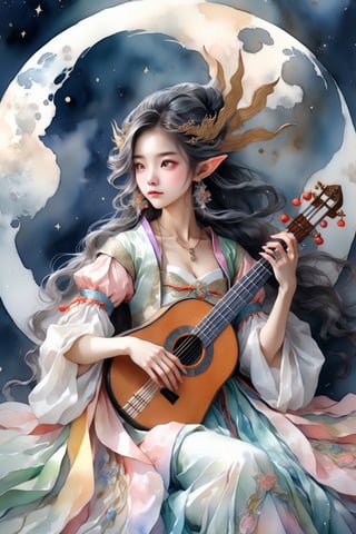 An concept art of an ethereal and skinny elf lady dressed in Korean 17c court dress, is sitting and holding ((moon lute)). Beautiful hands, long fingers. Highly detailed. Cluttered maximalism, Pastel colors. Digital artwork, illustrative. Low-key lighting. Super wide angle, High angle.,watercolor