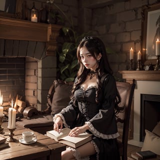 An artistic vision of a young alluring and hot witch dressed in ornate brown gothic Lolita attire. Long hair,  wavy hair,  slightly disheveled,  and hair between her eyes. She is sitting on a trunk by a fireplace in an abandoned stonehouse. Magical book on her lap. Sparks. Around her lies her travel bags,  a kettle,  and a wine bottle. Lamps and candles. Cluttered maximalism. Womancore. Haunting atmosphere. Intricately detailed. Practical lighting. Photorealistic. Masterpiece.