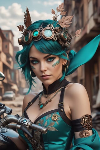 Steampunk vision of a elf lady dressed in a Teal dress embroidered with foliage patterns and decorated with ribbons and lace. Silver rings on fingers. Black tights. Brown hair arranged in a short, bobbed hairstyle  influenced by Egyptian fashion.  She is driving BMW R1200C motorcycle through the destroyed city. Neonpunk style, cyberpunk, antique, mechanical, brass and copper tones, gears, intricate, detailed, high contrast, cinematic, intricate, professional. Cluttered maximalism. High angle. Close-up. Masterpiece.,