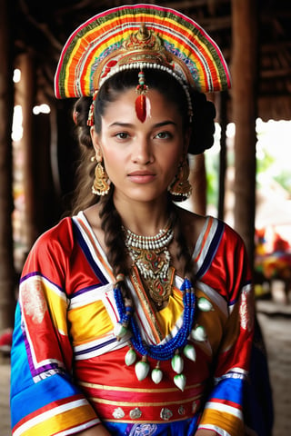 A young Isan woman in a colorful traditional dress. Her hair is styled elaborately, with flowing long curls, perfectly framing her face and highlighting her striking features. Masterpiece. Cluttered maximalism. Full-body shot. Highly detailed. 64k, Ultra dynamic range, HD, 