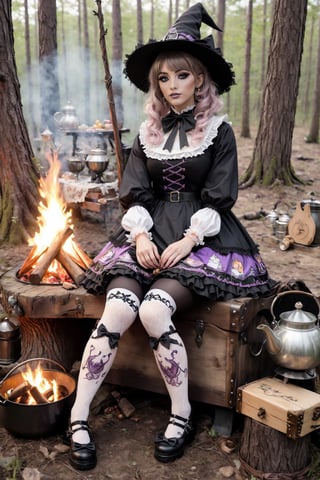 An artistic vision of a witch dressed in sweet Lolita attire sits on a trunk next to a campfire. Witch hat, arm warmers, tights with floral pattern. She drinks white wine. Next to her stands small table with kettle, bottles and cup. Half smile. Dark forest. Disheveled hair. Close-up shot. Cluttered maximalism. Low-key lighting. High angle. Photorealistic. Haunting and ominuous atmosphere. ani_booster,real_booster,Magical Fantasy style