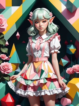 Create a simple but powerful illustration of an elf girl in frilly sweet lolita clothing in a bold composition with only geometric shapes. cluttered maximalism. Landscape. Bauhaus.
