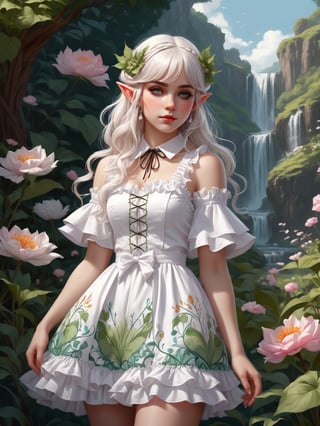 Illustrate an elf girl in frilly white lolita clothing in a bold graphic style. Experiment with with wild unrealistic colors. Landscape. Design an intricate, organic pattern with flowing lines and botanical motifs.
