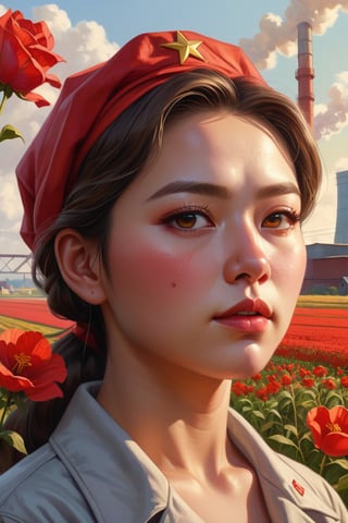 Painting in the style of socialist realism, beautiful landscapes, hyperrealistic precision, and digital art techniques. A collective farm woman and factory worker look at the horizon. Flowers, sunlight, the body, youth, flight, industry, and new technology. The illustration shows the utopianism of communism and the Soviet state. High nose bridge, doe eyes, sharp jawline, plump lips, healthy skin, k-pop makeup. Soft lighting wraps around her face, accentuating every curve and crease. Wide angle. Cluttered maximalism. Mote Kei. Extremely high-resolution details.,REALISTIC