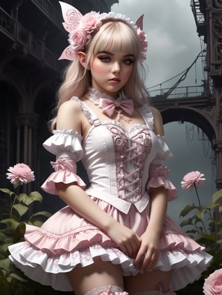 Create a simple but powerful illustration of an [elf|cyborg] in frilly sweet Lolita clothing. Deconstructivism. Fractal. Filigree. Landscape. Cyberpunk.