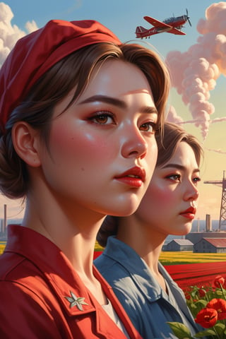 Painting in the style of socialist realism, beautiful landscapes, hyperrealistic precision, and digital art techniques. A collective farm woman and factory worker look at the horizon. Flowers, sunlight, the body, youth, flight, industry, and new technology. The illustration shows the utopianism of communism and the Soviet state. High nose bridge, doe eyes, sharp jawline, plump lips, healthy skin, k-pop makeup. Soft lighting wraps around her face, accentuating every curve and crease. Wide angle. Cluttered maximalism. Mote Kei. Extremely high-resolution details.,REALISTIC