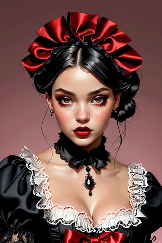 Comic illustration of the woman in a Gothic Lolita outfit. She has a small face size, and a sharply defined jawline tapering to a pointed chin. Fair, unblemished skin smooth and clear and almost translucent. Lip color fades out toward the edge of the lips, creating a subtle, natural look. Natural makeup highlights flawless skin and creates the illusion of bigger eyes. A small pouch of skin under the eyes. The outfit consists of a layered skirt in red and black with lace trim, a black blouse with ruffled sleeves, and a corseted waist cincher in a contrasting color. She wears a matching headpiece with ribbons and lace, black gloves, and high-heeled Mary Jane shoes. The style is intricate and romantic, with a color palette that emphasizes the Gothic influence. The woman's expression is soft and contemplative, adding to the mysterious and refined atmosphere of the scene. Shot on Olympus OM20. Portrait lens. urban, minimalist, high-contrast, oblique view, chic individuals posing, tailored suits, statement accessories, luxurious fabrics, bold patterns, confidence, engaging with camera, fashion district, geometric architecture, dramatic spotlight, abstract, crisp edges,