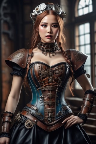 A woman with distinct West Slavic features is adorned in a highly intricate and visually captivating upper body exoskeleton composed of mechanical components. The mechanical exoskeleton blends into a corset and a leather maid dress. This breathtaking image, reminiscent of a professionally taken photograph, is a stunning portrayal of the fusion between Steampunk aesthetics and traditional Slavic beauty. Womancore, cluttered maximalism. vivid colors, 64k,  UDR,  HDR,  masterpiece,  high detail,  high contrast, ultra sharp.