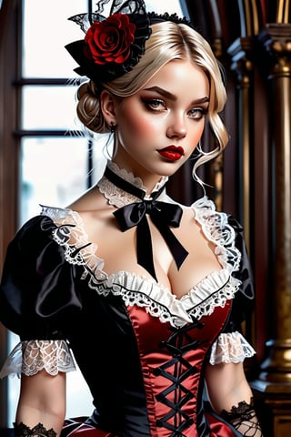 Comic illustration of the woman in a Gothic Lolita outfit. She has a small face size, and a sharply defined jawline tapering to a pointed chin. Fair, unblemished skin smooth and clear and almost translucent. Lip color fades out toward the edge of the lips, creating a subtle, natural look. Natural makeup highlights flawless skin and creates the illusion of bigger eyes. A small pouch of skin under the eyes. The outfit consists of a layered skirt in red and black with lace trim, a black blouse with ruffled sleeves, and a corseted waist cincher in a contrasting color. She wears a matching headpiece with ribbons and lace, black gloves, and high-heeled Mary Jane shoes. The style is intricate and romantic, with a color palette that emphasizes the Gothic influence. The woman's expression is soft and contemplative, adding to the mysterious and refined atmosphere of the scene. Shot on Olympus OM20. Portrait lens. urban, minimalist, high-contrast, oblique view, chic individuals posing, tailored suits, statement accessories, luxurious fabrics, bold patterns, confidence, engaging with camera, fashion district, geometric architecture, dramatic spotlight, abstract, crisp edges,