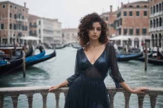 (((rainy day))) ((manara skirt)) raw photography, cinematic still, MGM, extremely beautiful dark haired curly, (celestial eyes) ((((wet)))) xxmixgirl light traslucent dress taking a coffee in Venice plaza (fine art) in the background canal grande with gondolas