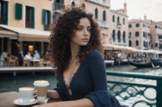 ((manara)) raw photography, cinematic still, MGM, extremely beautiful dark haired curly, xxmixgirl taking a coffee in Venice plaza (fine art)