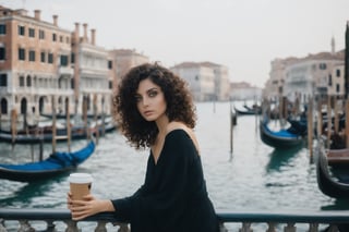 ((manara)) raw photography, cinematic still, MGM, extremely beautiful dark haired curly, (celestial eyes) xxmixgirl taking a coffee in Venice plaza (fine art) in the background canal grande with gondolas