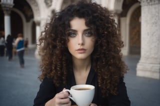 ((manara)) raw photography, cinematic still, MGM, extremely beautiful dark haired curly, (celestial eyes) xxmixgirl taking a coffee in Venice plaza (fine art)