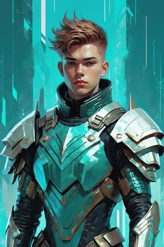 A handsome man of 25 years old, short light brown hair, Omegon, a warrior, turquoise scaled cybernetic armor, white ornaments, iconographic glitch background, interactive image, highly detailed, art style by Clayton Crain + Ross Tran + Rachel Walpole + Jeszika Le Vye + Dan Volbert + Simon Stalenhag + Brian Stelfreeze