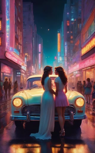 (The best quality, 8k, Highres, masterpiece), ultra detailed, (a couple of lesbians on the road), two beautiful women both in love with each other. The scene is represented in cake aesthetic realism, evoking a dream and surreal atmosphere. Despite the vintage photo style, the colors are soft and turned off, with a soft brightness that adds to the lovely environment of the wooded landscape. Lesbians serve as a focal point, their mysterious and intriguing presence in the context of the vast road extension. Feel free to add your own creative touches to improve the capricious charm and ethereal beauty of this unique and imaginative scene