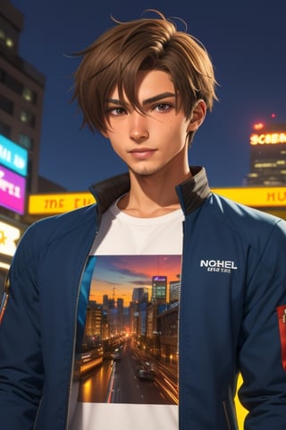 Toji ide, a handsome young man, 16 years old.  He has a short brown hair. brown eyes. tanned skin. wearing a jacket, thigh-length jacket. wearing a print t-shirt. In the background a night city with neon lights, interactive elements, very detailed, ((Detailed face)), ((Detailed Half body)), Color Booster,  sciamano240, toji ide