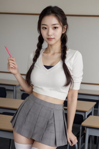 ((high resolution photograph)), ((photorealistic)), korean, 21 years old, korean sailor school uniform, classroom with blackboard, (very short miniskirt), braided hair, subtly cocky smile, confident, kpop idol face, cute eyes, perfect soft skin, (grey plaid miniskirt), (white kneesocks), subtle v-neck cleavage, (slightly visible butt), (((upskirt))), Sexy Pose,photorealistic