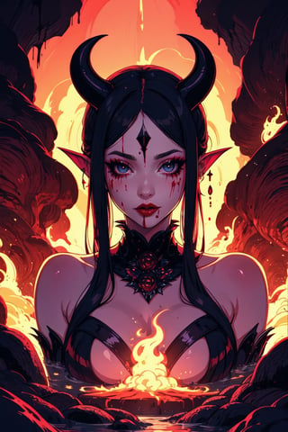 Succubus en un río de lava, con una sonrisa tentadora y ojos hipnóticos