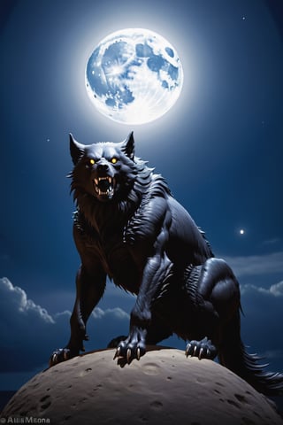 Genera una representación de un lobo solitario bajo la luz de la luna llena, aullando en la noche,monster,HellAI