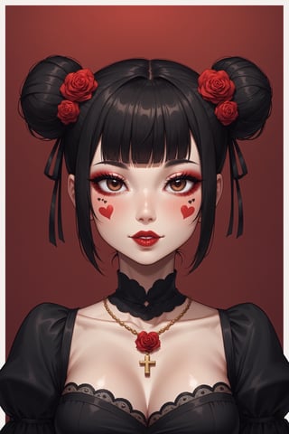 dal-1, 1girl, solo, looking at viewer, short hair, black hair, hair ornament, dress, closed mouth, jewelry, twintails, brown eyes, upper body, flower, heart, frills, parted lips, blunt bangs, hair flower, necklace, hair bun, black dress, eyelashes, clothing cutout, tattoo, double bun, makeup, border, rose, facial mark, portrait, cross, red flower, white border, red background, lace, red rose, red lips, red theme, heart tattoo, heart facial mark
,CONCEPT_irezumi_YakuzaTattoo_ownwaifu,score_9