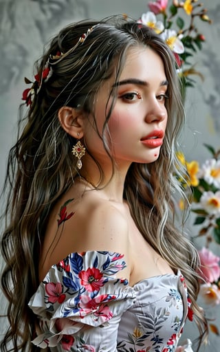 Digital art, beautiful decorative painting, profile portrait, off shoulder, beautiful collarbone, light gray background, long hair, sexy lips, master's work, abstract art, full of details, 8k