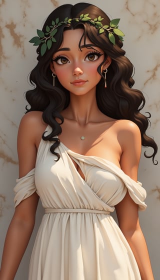 a Greek woman, classical beauty, olive skin, dark curly hair, laurel wreath, flowing white chiton, ancient Greek style, soft lighting, detailed facial features, serene expression, marble background, photorealistic, high resolution,Detailed Textures, high quality, high resolution, high Accuracy, realism, color correction, Proper lighting settings, harmonious composition, Behance works,1girl_Anime