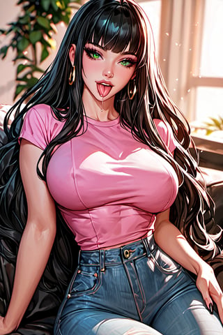 score_9, score_8_up, score_7_up,score_6_up, high resolution, BREAK 1girl, solo, jeans, pink sleeveless T-shirt, beautiful girl,with a diadem of gold laurels, long hair, straight hair, bangs, black hair, bright-green emerald eyes, long eyelashes, sticking_tongue_out, saliva, large hips, narrow waist, gaming cafe,charcoal \(medium\)