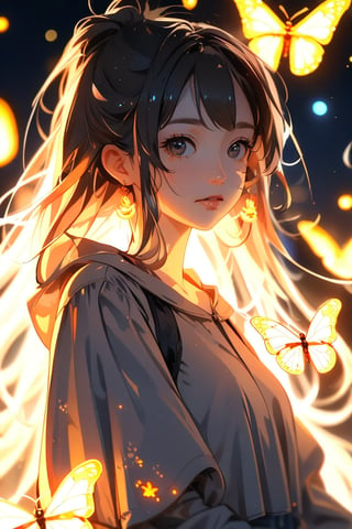 1 girl, portrait, anime style, night light, buterfly glowing