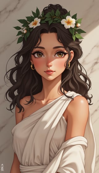 a Greek woman, classical beauty, olive skin, dark curly hair, laurel wreath, flowing white chiton, ancient Greek style, soft lighting, detailed facial features, serene expression, marble background, photorealistic, high resolution,Detailed Textures, high quality, high resolution, high Accuracy, realism, color correction, Proper lighting settings, harmonious composition, Behance works,1girl_Anime