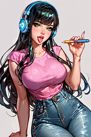 score_9, score_8_up, score_7_up,score_6_up, high resolution, BREAK 1girl, solo, jeans, pink sleeveless T-shirt, blue headphones, beautiful girl, long hair, straight hair, bangs, black hair, bright-green emerald eyes, long eyelashes, sticking_tongue_out, saliva, large hips, narrow waist, gaming cafe,(Pencil_Sketch:1.2