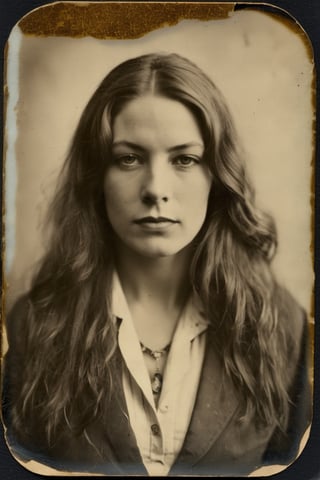 tintype of Dusty Staxx, Sexy librarian, long hair, open mouth, distressed surface, scratches, delamination