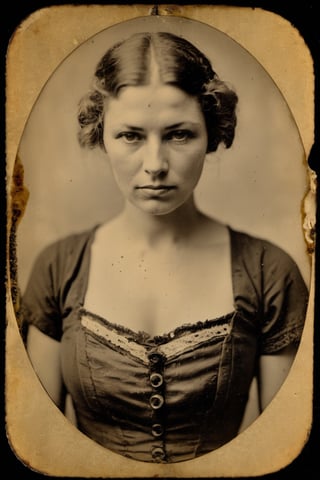 tintype of Dusty Staxx, Sexy brothel keeper, open mouth, distressed surface, scratches, delamination